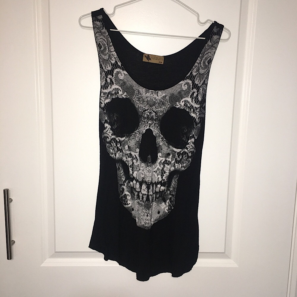 Katsumi Skull Tank Top Size S/M Black with lace printed skull. Soft & stretchy